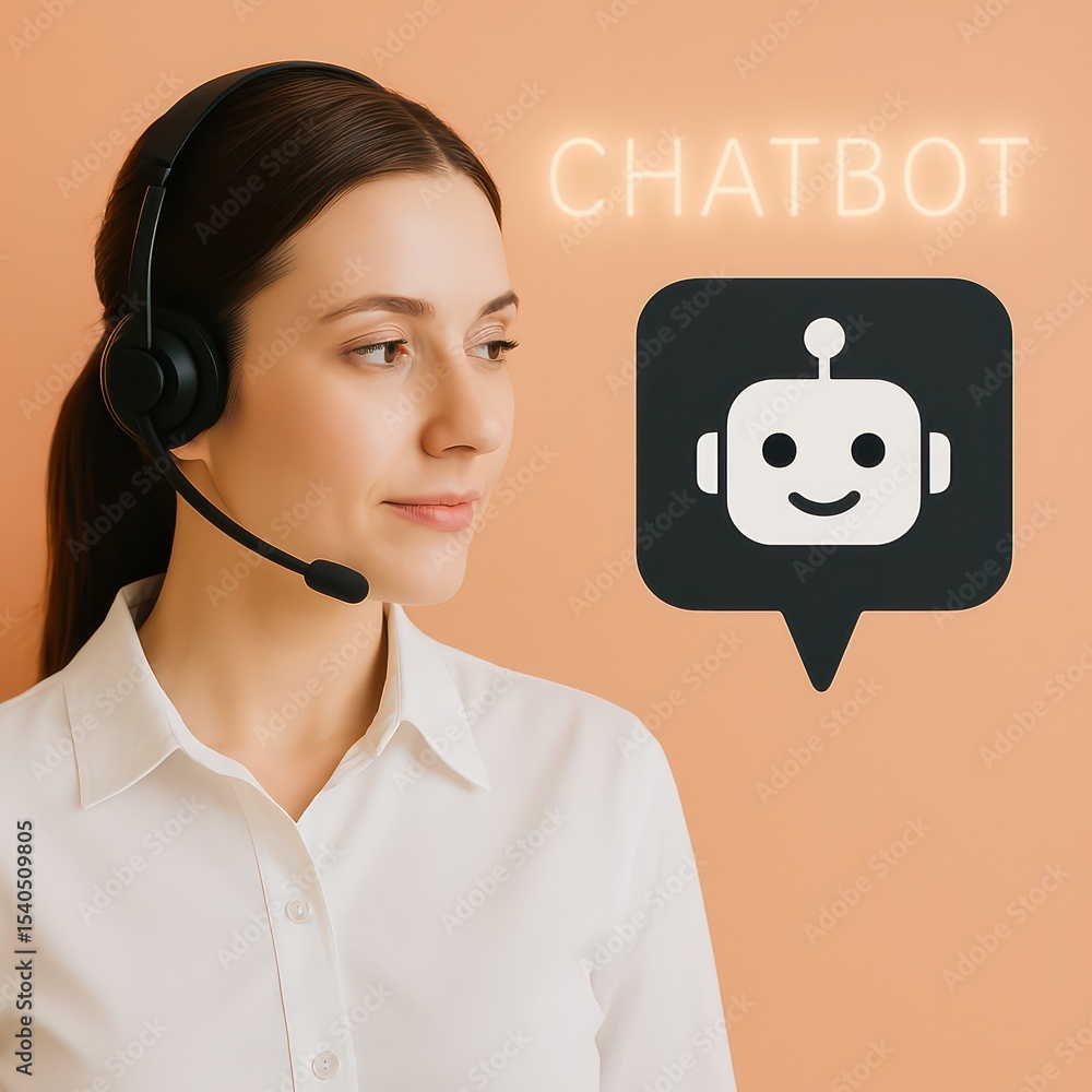 Poster a customer service representative assists via chatbot in a clean and modern style. a friendly suppor