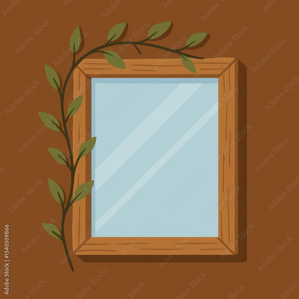 Poster a vintage mirror with a rustic wooden frame is adorned with a delicate green vine, creating an invit
