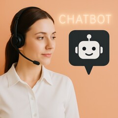 A customer service representative assists via chatbot in a clean and modern style. A friendly support worker utilizes the latest in communication technology, highlighted with sleek design elements.