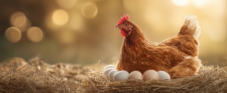 The hen sitting gracefully in a rustic nest surrounded by fresh eggs.