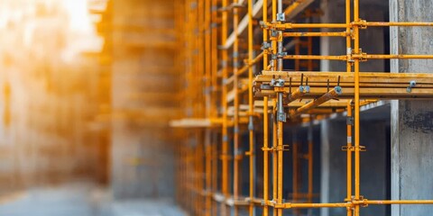 Construction infrastructure highway progress concept. Construction scaffolding with a warm, blurred background.