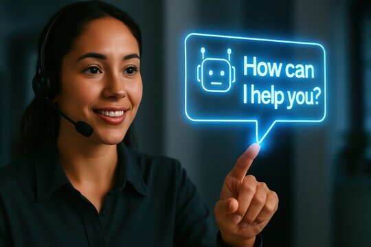 A helpful service representative with a friendly expression interacts with a virtual assistant interface, with speech bubble and touch screen.