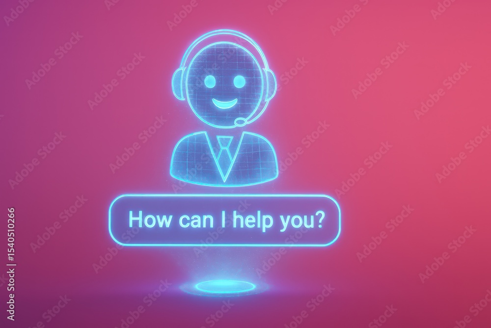 Poster a futuristic customer support symbol, with a neon glow effect, a chatbot with 