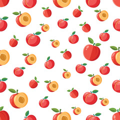Colorful Cartoon Peach Pattern with Whole and Sliced Fruits and Green Leaves for Fresh Summer Design Background.