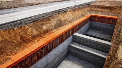 Construction infrastructure highway progress concept. Excavation site with brick steps and a concrete base.