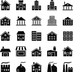 Building and Architecture Icon Set – Black Vector Collection