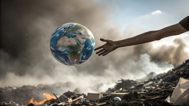 Human hand trying to rescue Earth globe from burning landfill, dramatic metaphor