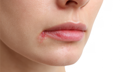 Close up of a woman's mouth showing a herpes simplex virus type 1 infection, featuring blisters and inflammation at the lip corner on a transparent background