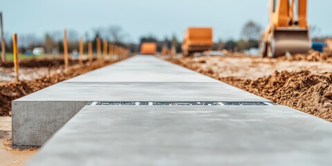 Construction infrastructure highway progress concept. Newly laid concrete pathway under construction in a rural area.