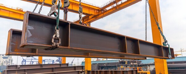 Construction infrastructure highway progress concept. Heavy steel beam being lifted by cranes in an industrial setting.