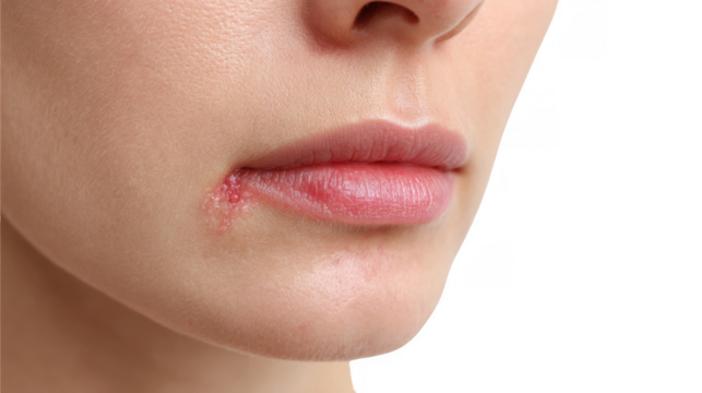 Close up of a woman's mouth showing a herpes simplex virus type 1 infection, featuring blisters and inflammation at the lip corner on a transparent background