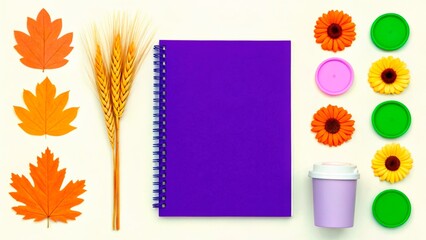 Colorful autumn-themed stationery arrangement with leaves, flowers, and a coffee cup on a neutral background