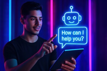 A tech-savvy individual engages with an interactive chatbot interface on a digital tablet, surrounded by futuristic neon ambiance. He interacts with the interface.