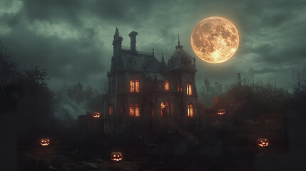 Obraz premium spooky haunted house illuminated by full moon, surrounded by pumpkins, creates eerie atmosphere