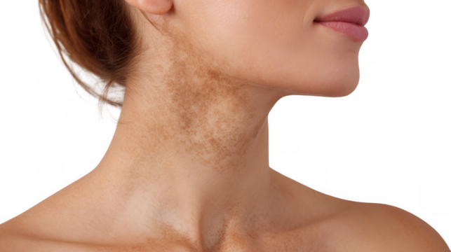 Caucasian woman showing hyperpigmentation skin spots on her neck, isolated on transparent background, ideal for beauty, healthcare and medical themes