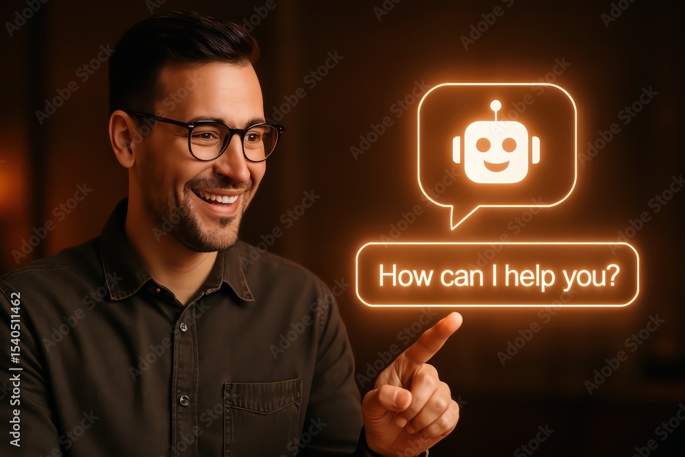Poster a digital assistant provides support, communicating with a friendly chatbot in an intelligent dialog