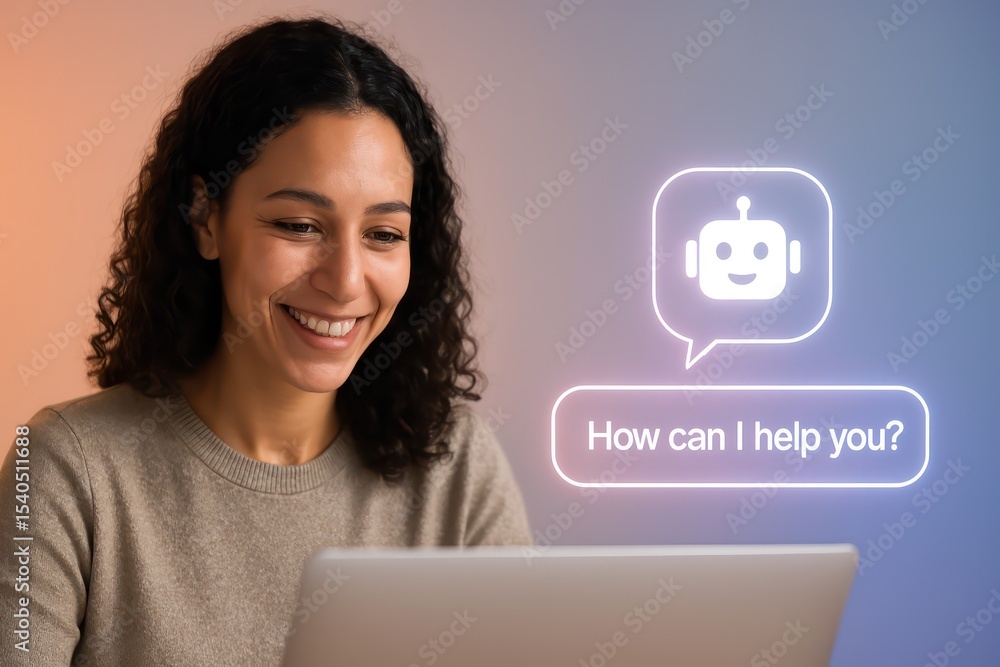 Poster a friendly woman engages with an ai chatbot, highlighting the power of human-computer interaction. t