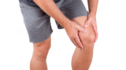 Close up of sportsman massaging his painful knee after workout or injury, isolated on transparent background, concept of sport injury or arthritis