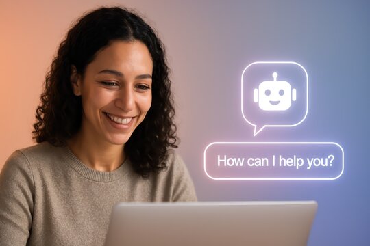 A friendly woman engages with an AI chatbot, highlighting the power of human-computer interaction. The image captures the essence of technological progress.
