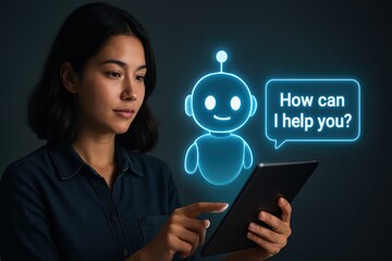 A modern female utilizes cutting-edge technology, engaging with a virtual assistant or chatbot on her tablet, against a sleek, futuristic dark backdrop. 