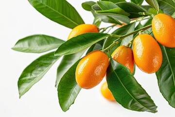 Ultra Quality Picture of Fresh Kumquat with Green Leaves Isolated on White Background