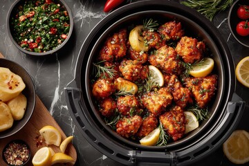 Crispy Fried Chicken with Herbs and Lemon in a Stylish Black Air Fryer on Dark Marble Surface