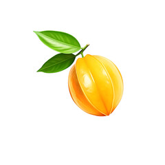 Exotic Carambola Fruit on Branch: An artistic, digital rendering of a carambola, boasting a vibrant yellow hue, is artfully displayed on a stem accompanied by a pair of verdant leaves.