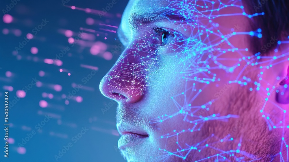 Poster close-up of a man's face with neural circuits