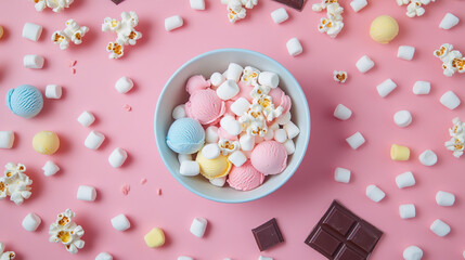 Top view flat lay of colorful ice cream in a paper bowl with popcorn, chocolate, and marshmallows on a pink background.