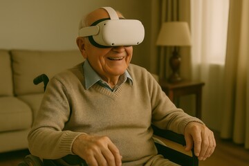An older person in a wheelchair smiles while wearing a virtual reality headset, immersed in a digital experience.