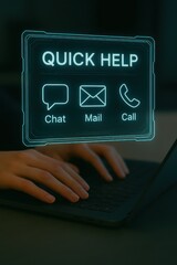 An image of a person working on a laptop, accompanied by a digital "Quick Help" interface with chat, mail, and call icons, showcasing modern communication and support methods.