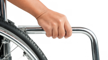Close up of a hand gripping the armrest of a wheelchair, highlighting the themes of mobility and independence against a transparent background, emphasizing strength and control in movement