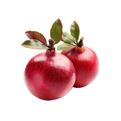 Fototapeta premium Pomegranate Duo: A pair of ripe pomegranates with vibrant red skin and lush green leaves, epitomizing freshness, showcasing the richness and deliciousness of nature's bounty.