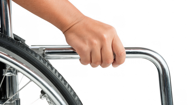 Close up of a hand gripping the armrest of a wheelchair, highlighting the themes of mobility and independence against a transparent background, emphasizing strength and control in movement