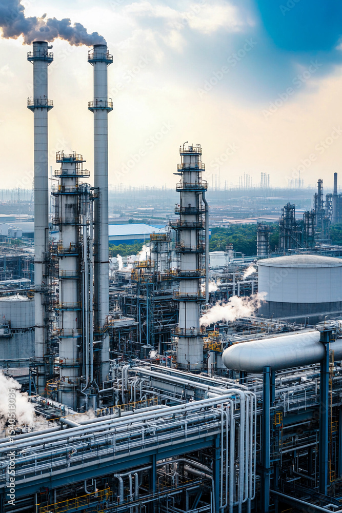 Poster industrial landscape with smokestacks and pipelines generative ai