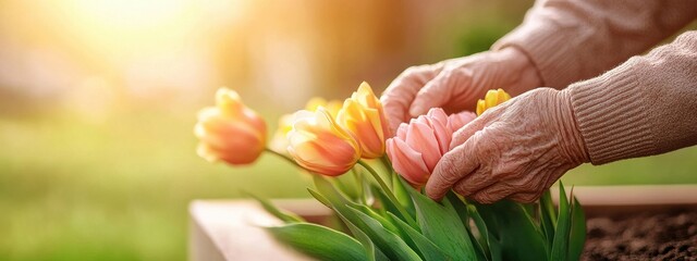 Elderly Hands Planting Tulips in Garden Bed