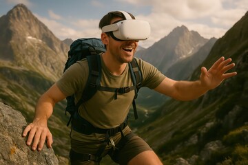 A man, backpacking in mountains, grins while immersed in a virtual reality, enjoying an augmented hike in an illusion world with peaks background.