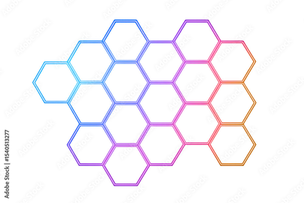 Poster interconnected neon hexagons create a vibrant, futuristic design, ideal for technology or science-re