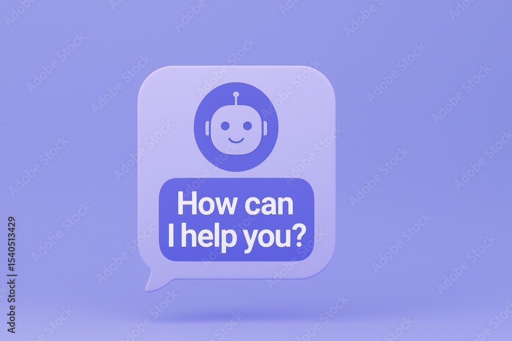 Poster a charming chatbot, smiling, invites interaction within a minimalist speech bubble on a gradient bac