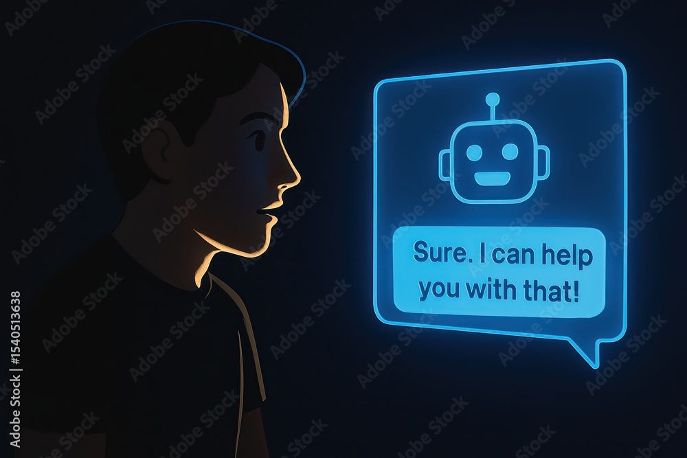 Poster a man engages in a conversation with an ai chatbot, represented by a speech bubble featuring a robot