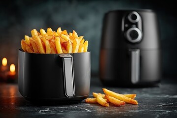 Stylish Black Air Fryer with Crispy Golden Fries in Dark Kitchen Setting