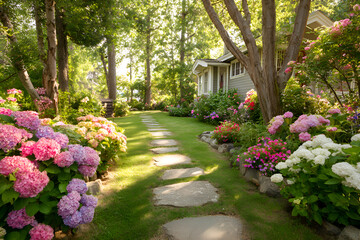 Naklejka premium Beautiful garden path leading to cozy house on sunny day