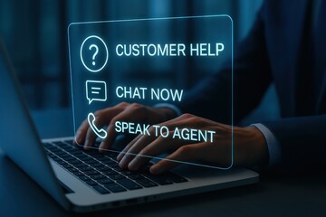 A business professional uses a laptop for customer support, highlighting the key customer service options. The image illustrates modern communication methods.