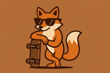 A cool fox in sunglasses confidently leans on a skateboard, emanating an easygoing vibe. the stylized artwork adds a touch of playfulness.