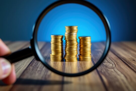Magnifying Glass Focuses on Stacked Coins for Financial Analysis and Investment Scrutiny on Wooden Table with Blue Background