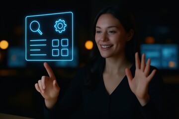 A woman with the holographic icon interface, interacting with futuristic digital screen in dark. She is confidently and innovatively utilizing technology.