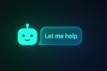 A futuristic Chatbot with neon glow offers assistance through a speech bubble, set against a gradient background. 