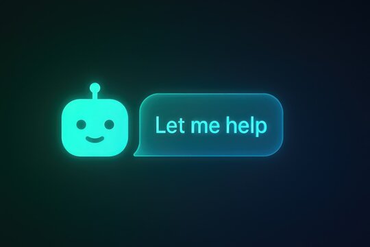 A futuristic Chatbot with neon glow offers assistance through a speech bubble, set against a gradient background. 