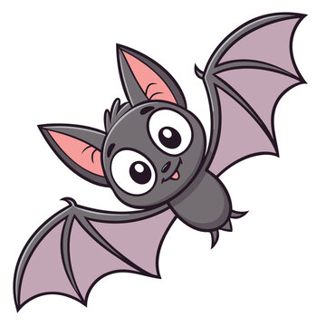 Cartoon gray bat is soaring happily with wide eyes on white background