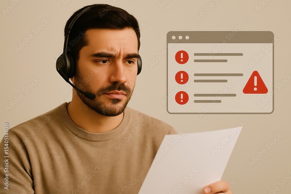 Poster a worried customer service representative is deeply engrossed in examining a document, his brow furr
